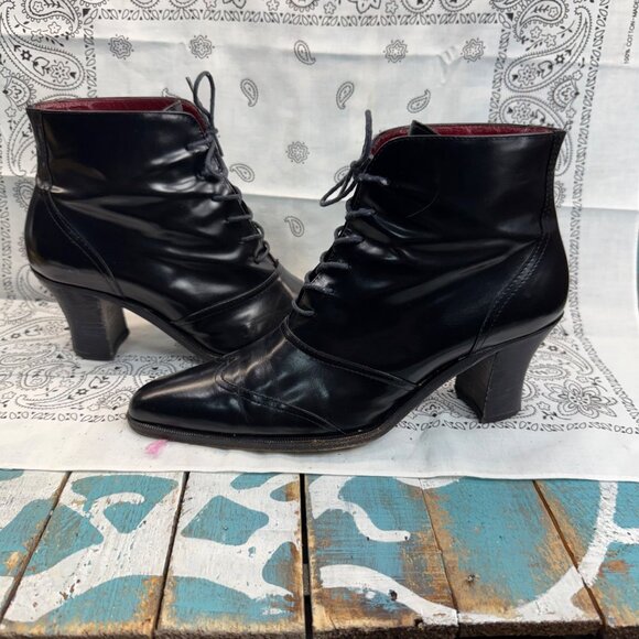 VTG DONNA KARAN OXFORD GRANNY/GOTH ANKLE BLACK LEATHER BOOTS SZ 7B - Picture 1 of 11